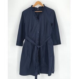 Talbots Womens Dress 16P Shirtdress Navy Blue Ruffle Belted Knee Length Lined